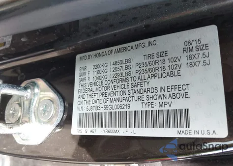 2016 Acura Rdx Technology Acurawatch Plus Packages/Technology Package from USA, damaged, VIN 5J8TB3H59GL006219